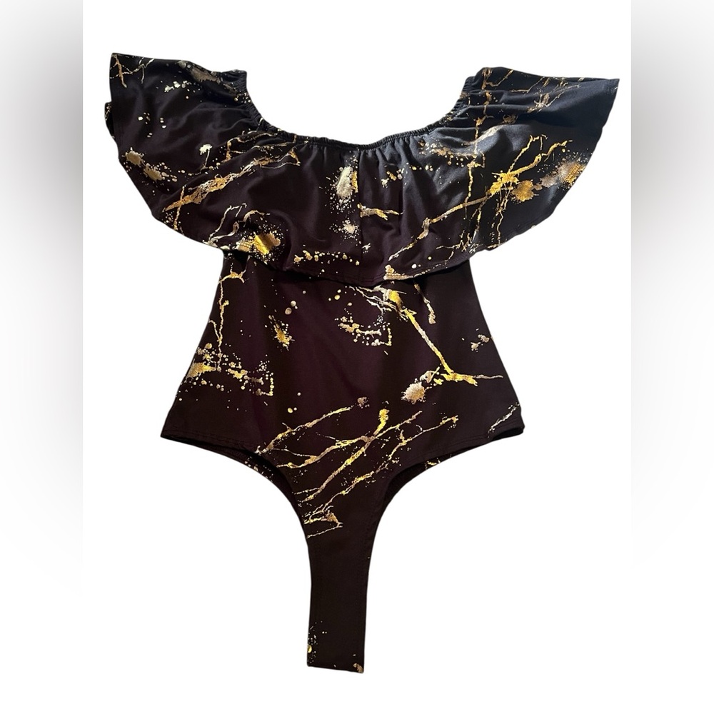 Metallic Marble Medium Gold & Black Bodysuit Minette Festival Concert Rave Wear